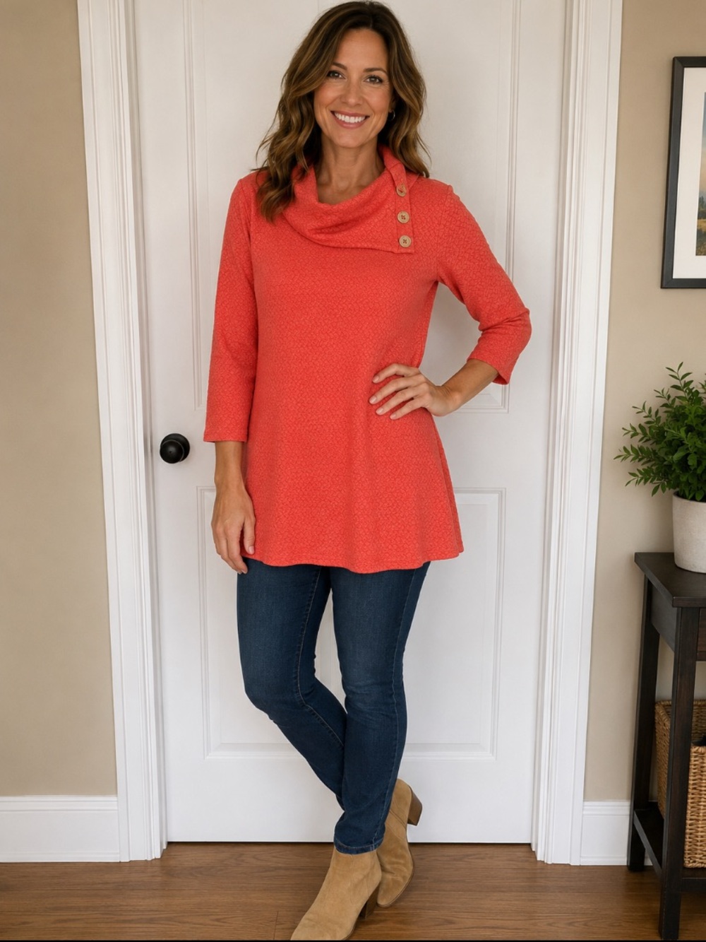 Ruby Rd. Coral Textured Cowl Neck Top with Button Detail